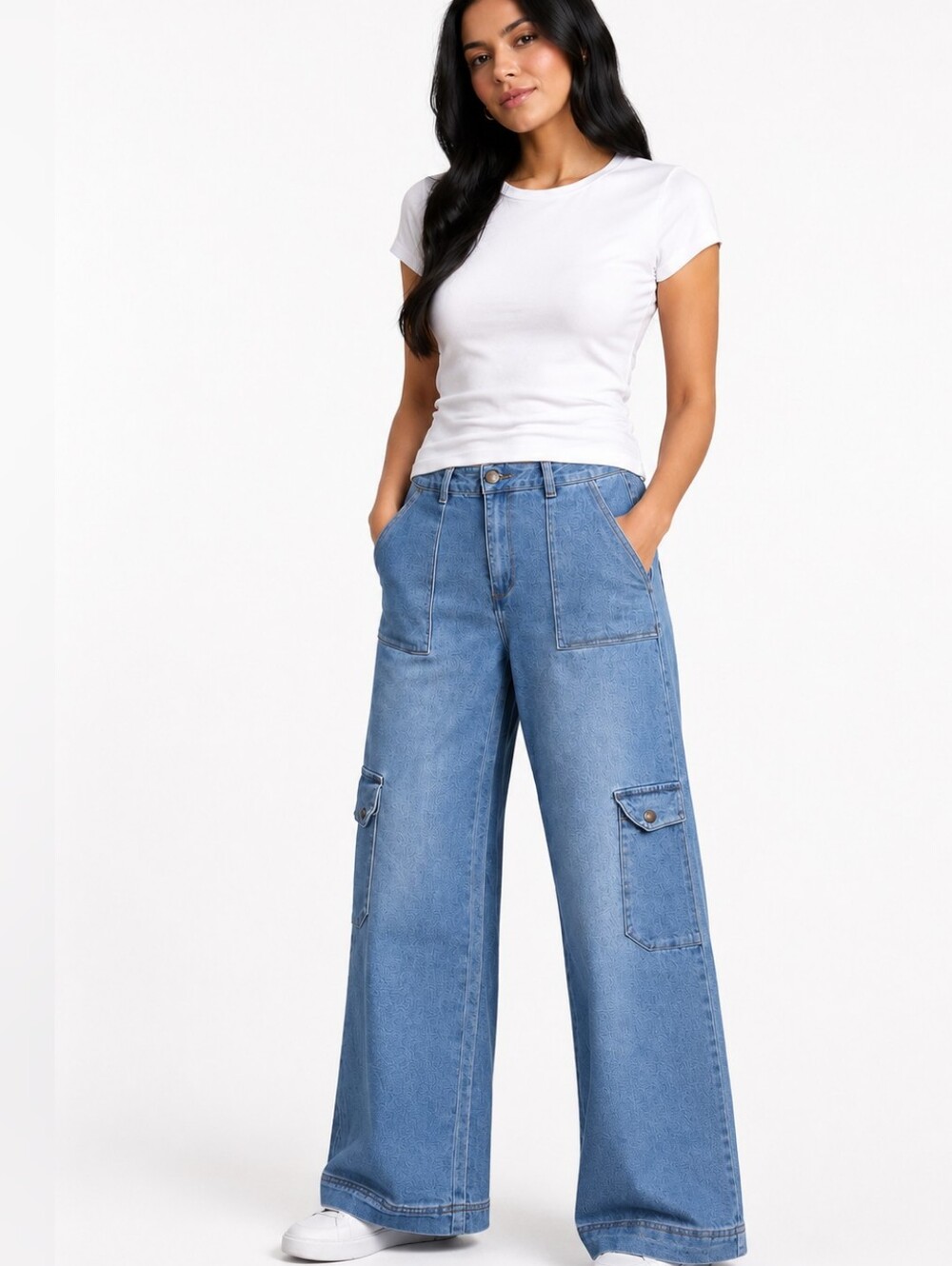 BBJ LOS ANGELES Wide Leg Cargo Jeans in Light Blue